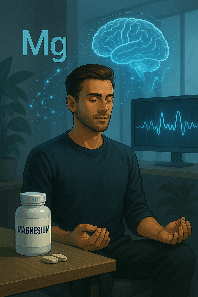 Moderner Biohacker nutzt Magnesium zur Verbesserung der kognitiven Funktionen, dargestellt durch Aktivitäten wie Meditation und fokussierte Arbeit.